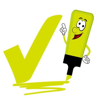 Yellow cartoon highlighter pen with bold tick or check mark.