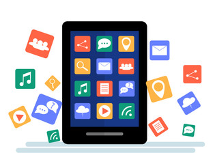 Black tablet with cloud of application icons and Apps icons flying around them, isolated on White background