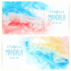 Greeting, invitation card with mandala on the watercolor background. Indian pattern. Mehndi style. Vector illustration.
