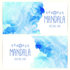 Greeting, invitation card with mandala on the watercolor background. Indian pattern. Mehndi style. Vector illustration.
