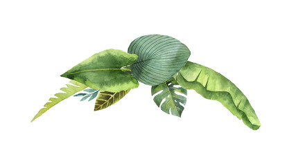 Watercolor wreath tropical leaves and branches isolated on white background. © ElenaMedvedeva