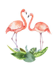 Watercolor card of tropical leaves and the pink Flamingo isolated on white background.