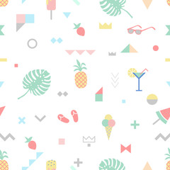 Summer seamless pattern with pink flamingos. Memphis style with geometric elements and plants. Vector illustration