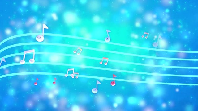 Looped animation cute 3d eighth notes with smile face dancing in the air. Beautiful glowing particles background.