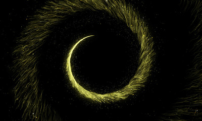 Gold glittering spiral trail of sparkling dust particles on black background.
