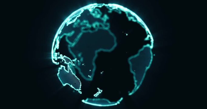 Pixel 3D planet Earth animation. Rotating globe, shining continents with accented edges. Abstract cyber animation with depth of field and glow. 4K, loop, UHD, ProRes