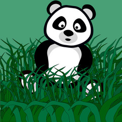 Cute little cartoon panda sitting in a grass