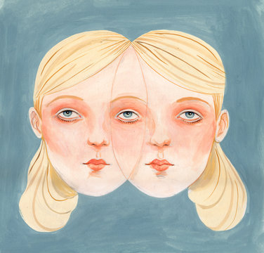 Portrait of blonde girl with two faces