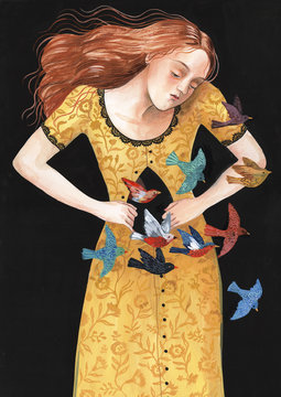 Girl with birds coming out from her stomach