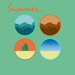 Round summer icons set with lettering