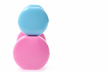 Duet of barbells round edges in blue and pink colors