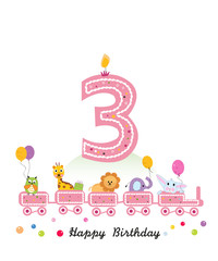 Happy third birthday girl greeting card. Birthday train with animals