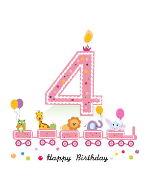 Happy fourth birthday girl greeting card. Birthday train with animals