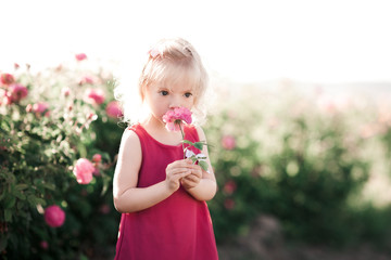 Cute baby girl 3-4 year old with rose flower wearing pink dress outdoors. Childhood.