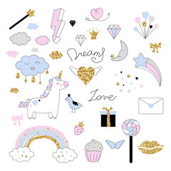 Magic design set with unicorn, rainbow, hearts, clouds and others elements. With golden glitter texture. Vector illustration - 162506685