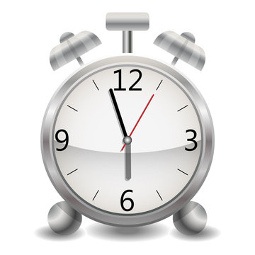 A metallic mechanical realistic alarm clock, a clock showing a few minutes to six, the end of the day, early morning