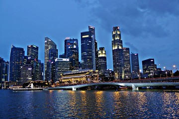 Obraz na płótnie Canvas City by Night, City Center Singapore, Cityscape, Urban Landscape, Bridge and Building