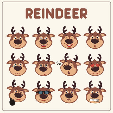 Emoticons set face of reindeer in cartoon style. Collection isolated funny muzzle reindeer with different emotion.