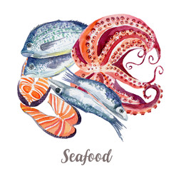Seafood illustration. Hand drawn watercolor on white background.