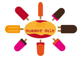 HOT Summer sale text, popsicles icons