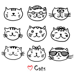 Obraz premium 9 cute cats hand-drawn illustration. Cartoon animals series.