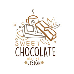 Sweet chocolate label original design, hand drawn vector Illustration in brown colors