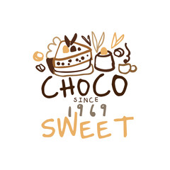 Sweet choco label since 1969, hand drawn vector Illustration, logo template
