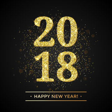 Gold glitter 2018 Happy New Year text on black sparkling background