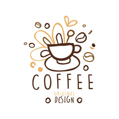 Coffee label original design, hand drawn vector Illustration in brown colors