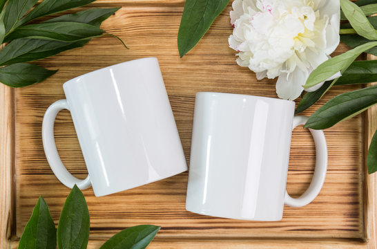Two white mugs, cups wedding mockup