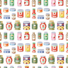 Collection of various tins canned goods food metal container product seamless pattern vector illustration.