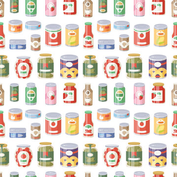 Collection of various tins canned goods food metal container product seamless pattern vector illustration.