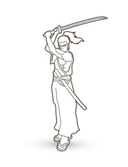 Samurai standing with sword katana, Ready to fight outline graphic vector