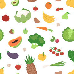 Vegetables and fruits flat seamless pattern healthy vegetarian food vegan fresh organic vector illustration