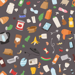 Recycling garbage trash bags can bottle recycling disposal box vector illustration seamless pattern background