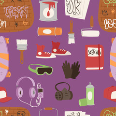 Graffiti yarnbombing hipster artist accessories grunge spray paint artistic street art symbols vector illustration seamless pattern background