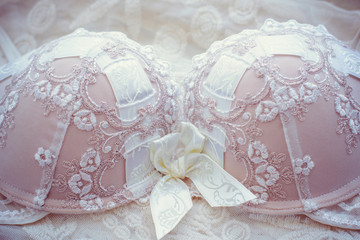 Vintage bra  on white oldest lace. Beautiful and tenderness lingerie