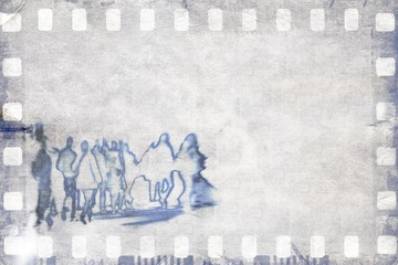 Gray film strip frame with group of people.