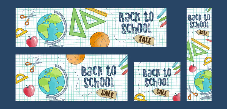 Back to school sale set of four web banners. Four different sizes, doodle cartoon style