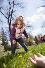 Little girl in a green glade with dandelions © nidvoray