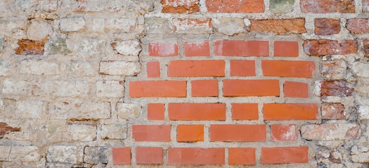 Old red brick wall with white plaster texture background