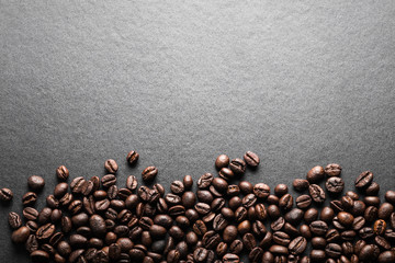 Coffee Beans on black background,top view.