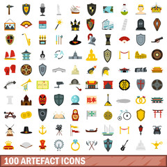 100 artefact icons set, flat style