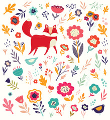 Pattern with cute fox with floral background