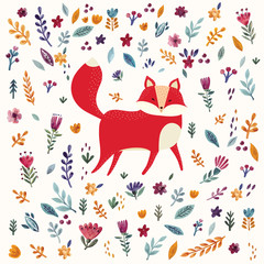 Pattern with cute fox with colorful floral background