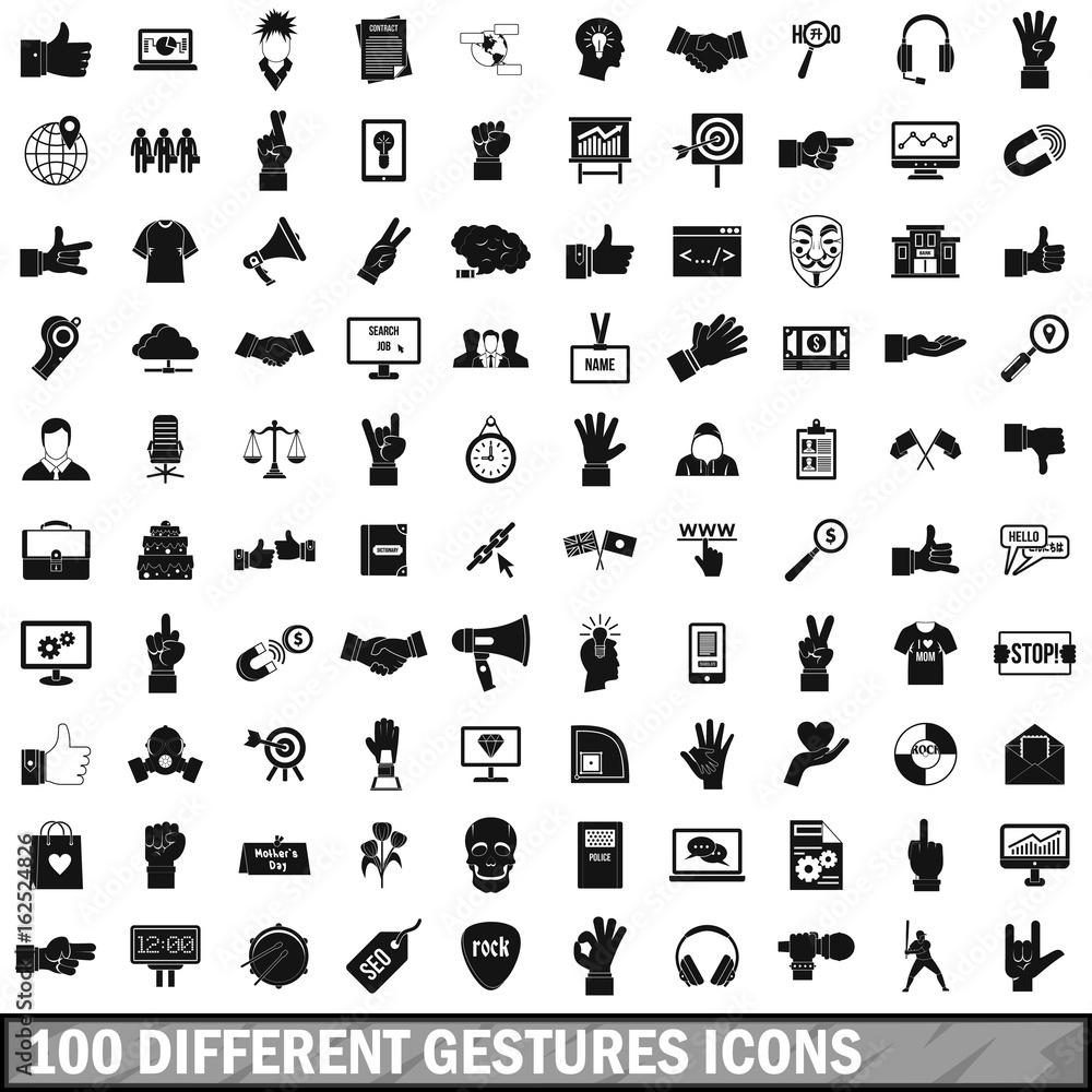 Poster 100 different gestures icons set, simple style