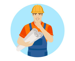 Hush hush. Builder holding the project plans and  making hush sign