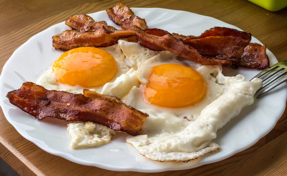 Bacon and eggs. Breakfast. Country style fried eggs with pork ham