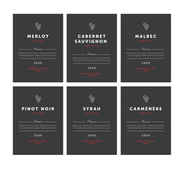 Fototapeta Red wine labels. Vector premium template set. Clean and modern design. Pinot Noir, Malbec, Cabernet Sauvignon, Merlot, Syrah, Carmenere. obraz