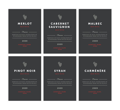 Red wine labels. Vector premium template set. Clean and modern design. Pinot Noir, Malbec, Cabernet Sauvignon, Merlot, Syrah, Carmenere.